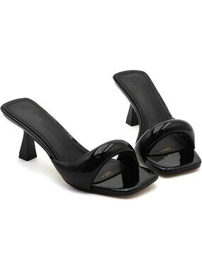 Women's Black Comfortable Square Open Toe One-Strap Sexy Low Mid Mules Heels